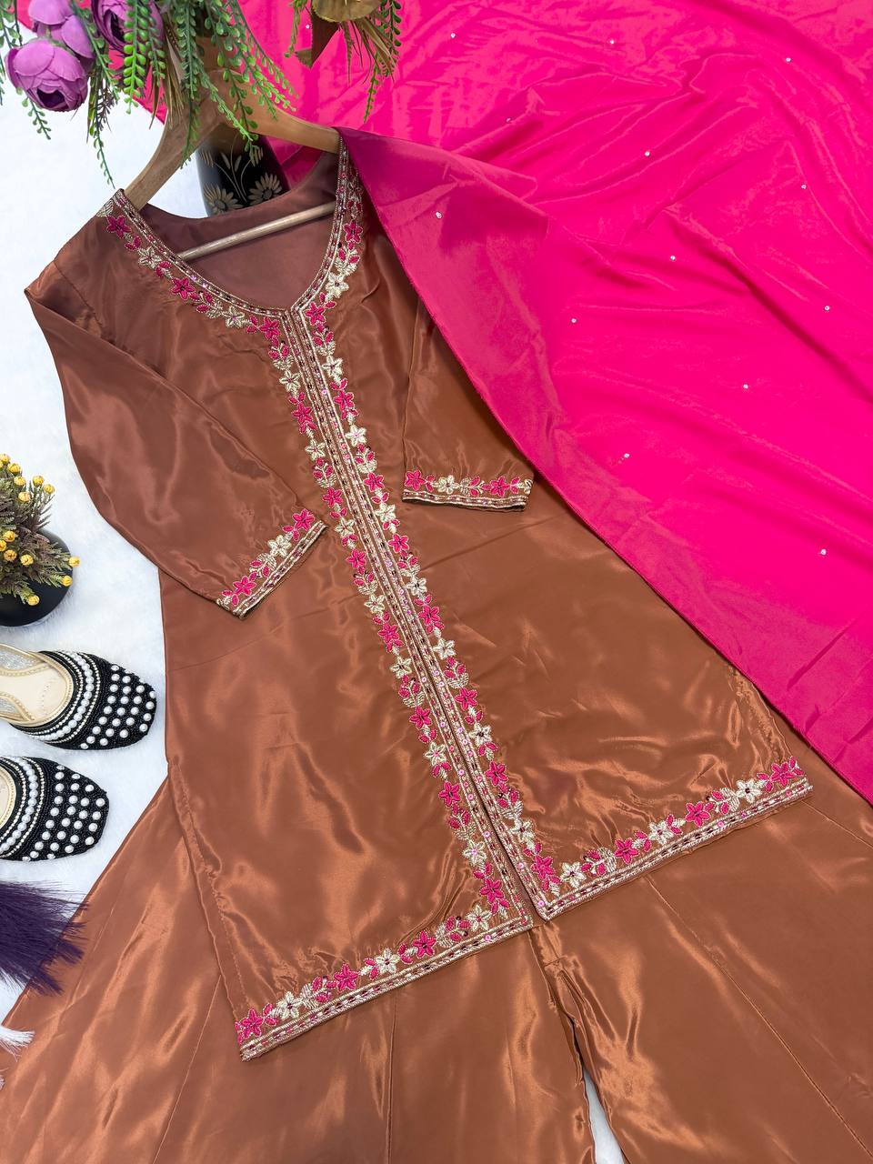 Luxe Brown Zari-Embroidered Flared Set